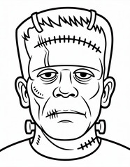 Halloween coloring page, frankensteins monster head isolated on white background, a classic horror icon, kids coloring page