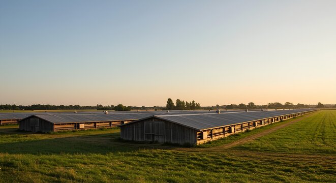 Scenic view of a vast poultry hatchery farm on a sunny day with open sky
