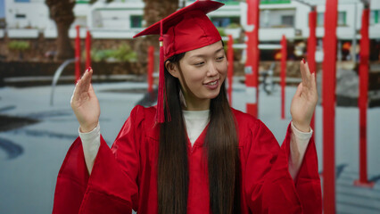 Asian woman in red graduation gown celebrating outdoors with long hair and smiling expression...