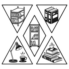 Collection of Books Shelves Lamp and Coffee.
