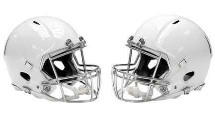 Vibrant photo of two white american football helmets isolated on transparent background.