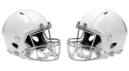 Vibrant photo of two white american football helmets isolated on transparent background.