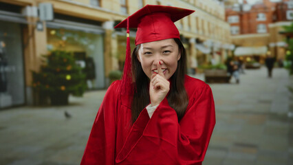 Woman in red graduation gown gesturing silence on urban street with festive decorations and people...