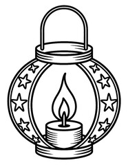 Halloween coloring page, decorative lantern with candle and stars isolated on white background, kids coloring page