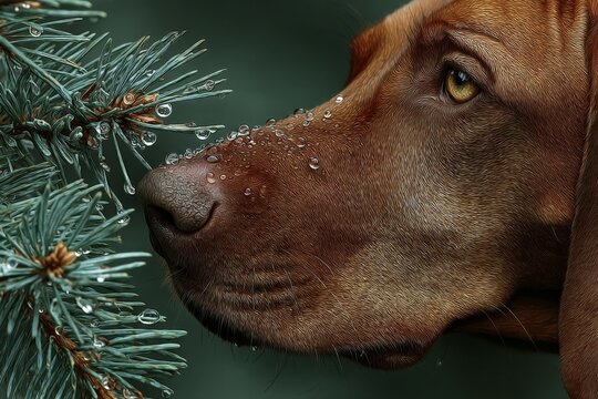 Close-up view of a brown dog interacting with a wet pine tree during a rainy day in a tranquil outdoor setting