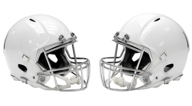 Vibrant photo of two white american football helmets isolated on transparent background.