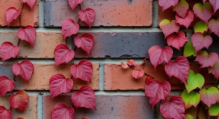 Red and Green Ivy Leaves Climbing on a Textured Brick Wall vine
