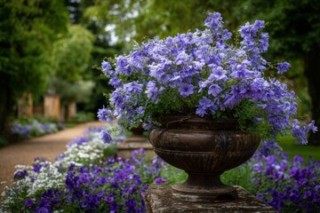 Lavender blooms fill an elegant garden path adorned with colorful flowers in a serene outdoor setting