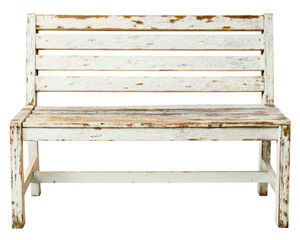 Front view of a rustic weathered white wooden garden bench on a transparent background