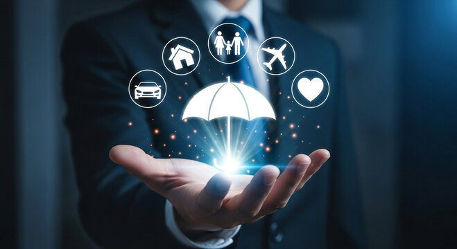 Businessperson holding glowing umbrella with insurance icons above