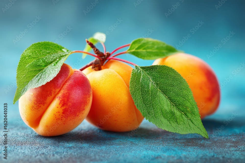 Poster fresh apricots with green leaves resting on a textured surface in a vibrant setting