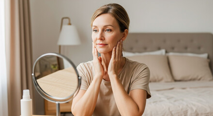 Woman practicing face yoga while using a mirror in a cozy bedroom during daylight
