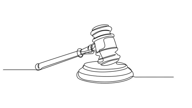 Self drawing line animation judge hammer continuous line drawn concept video, Self drawing line animation judge hammer continuous line drawn concept video, Placed lying on a wooden cushion.