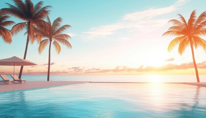 Fototapeta premium Luxurious Outdoor Sun-Infinity Pool At Beachfront Resort: Tropical Oasis With Panoramic Beach Views And Lush Landscapes.