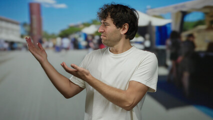 Hispanic man stands outdoors on a street with outstretched arms, expressing thoughtfulness among blurred urban surroundings, wearing a plain white shirt under a bright blue sky.