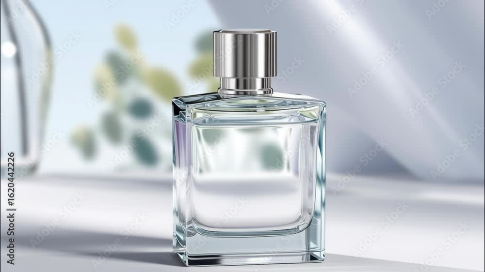 Poster Elegant Smooth Animation Showcasing Clear Square Perfume Bottle with Soft Background Elements