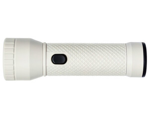 Modern white plastic flashlight with a textured diamond grip on a transparent background