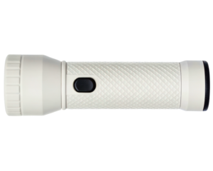 Modern white plastic flashlight with a textured diamond grip on a transparent background