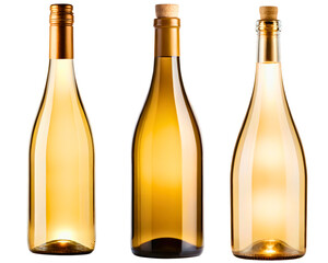 Three empty white wine bottles with corks and a screw cap on a transparent background