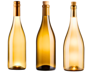 Three empty white wine bottles with corks and a screw cap on a transparent background