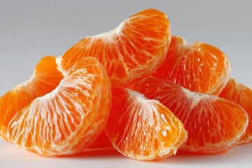 Fresh mandarin orange segments stacked on a light background, showcasing vibrant colors and juicy texture