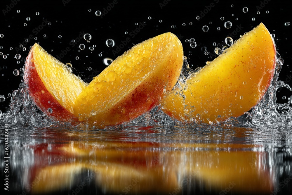 Poster fresh peach slices splash into water creating a vibrant display of color and motion