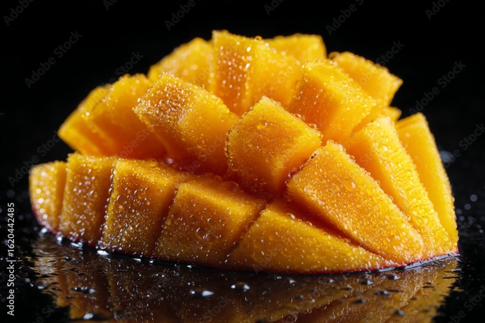 Aufkleber freshly cut mango arranged in a visually striking way on a dark reflective surface with droplets of 