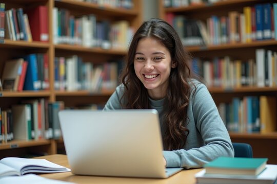 Young woman surrounded by books and research materials in a library, using a laptop to access educational websites and resources