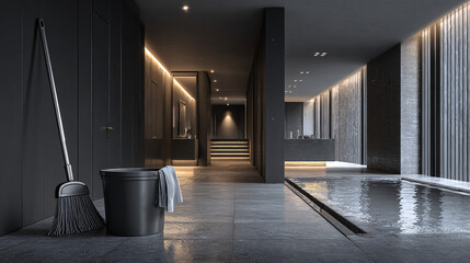 Modern Indoor Pool with Mop and Bucket in Luxury Spa Interior