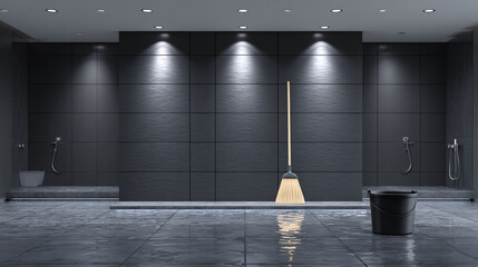 Sleek Modern Bathroom with Mop and Bucket on Wet Floor