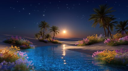 Brightly colored desert oasis with palm trees, glowing blue water, flowers, and a star-filled twilight sky at sunset