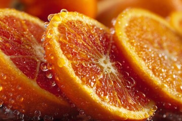 Freshly sliced oranges glistening with droplets of water on a wooden table during daylight