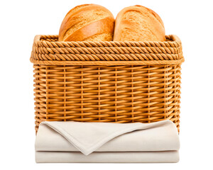 Wicker basket filled with two loaves of fresh bread and a napkin on a transparent background