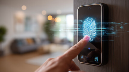 Finger presses illuminated fingerprint panel on smart door lock,
showcasing biometric access control and seamless, keyless home security innovation.