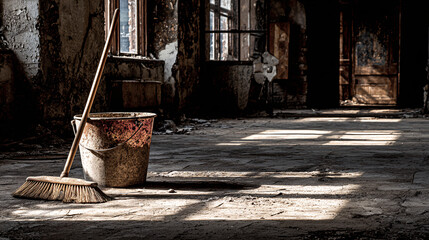 "Rusted Mop Bucket in Sunlit Abandoned Building"