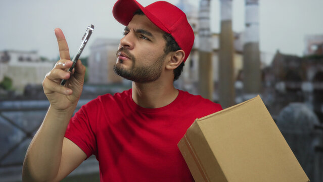 Young courier man in red uniform points finger at smartphone while holding a parcel at ancient building ruins; determination.