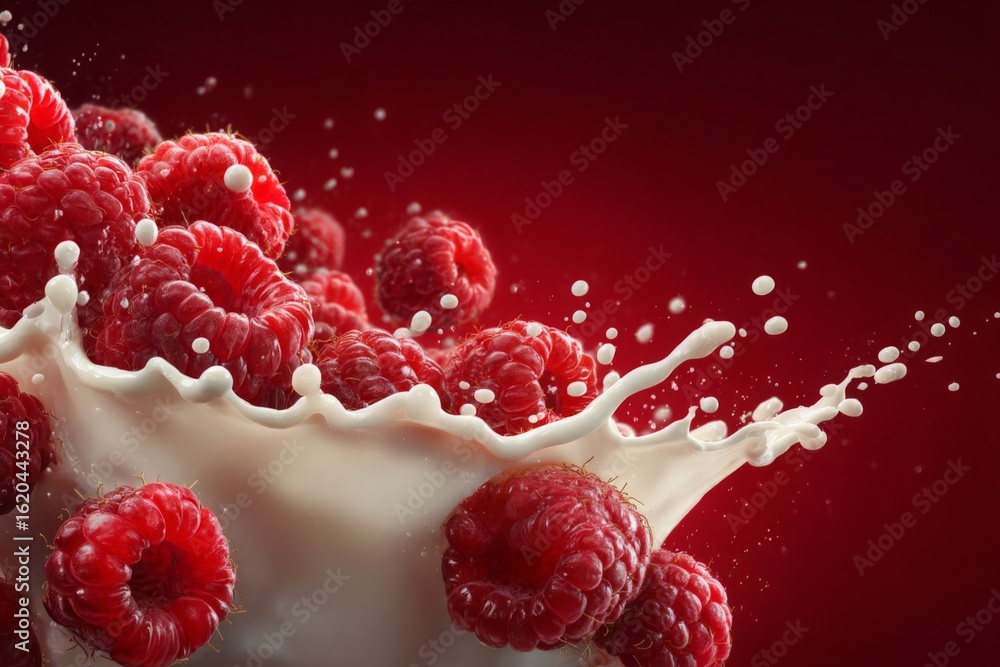 Poster fresh raspberries splashing into creamy liquid create a vibrant and dynamic composition