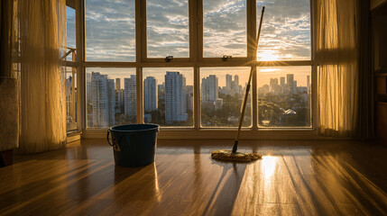 Urban Apartment Cleaning Scene at Sunset