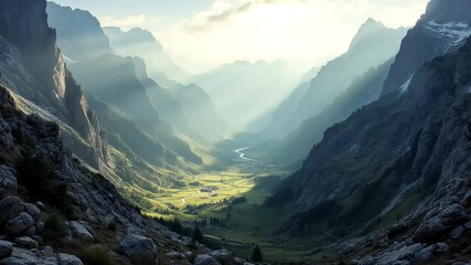 Panoramic mountain view from the top of the world above valleys and clouds high quality videos footages - Powered by Adobe