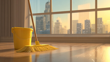 Bright Apartment Floor Cleaning with Yellow Mop Set