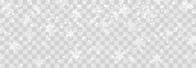 Vector falling snowflakes on png background. Vector heavy snowfall. White snowflakes flying in the air. Snow flakes, snow and blizzard. Christmas snow. Vector illustration isolated on transparent.
