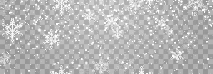 Vector falling snowflakes on png background. Vector heavy snowfall. White snowflakes flying in the air. Snow flakes, snow and blizzard. Christmas snow. Vector illustration isolated on transparent.