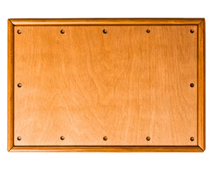 Blank wooden plaque with a frame and rivets for a sign on a transparent background
