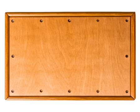 Blank wooden plaque with a frame and rivets for a sign on a transparent background