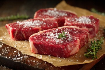Obraz premium Freshly cut beef steaks prepared with salt and herbs on parchment paper arranged on a wooden board