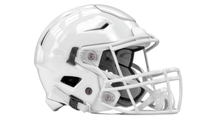 Vibrant photo of white american football helmet isolated on transparent background.