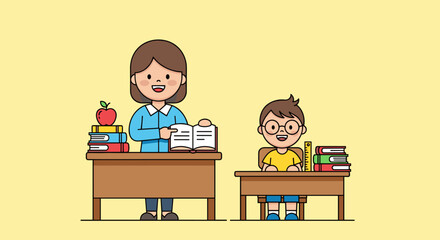 Teacher and student in a classroom setting with desks, books, and an apple, cartoon illustration