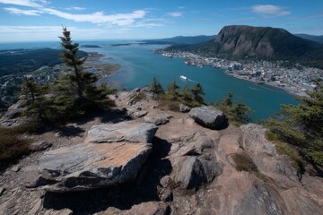 Scenic viewpoint showing the coastline and city from a mountain summit in clear weather