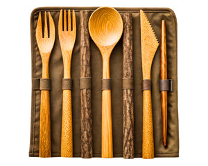 Eco-friendly bamboo travel utensil set in a fabric roll-up case on a transparent background