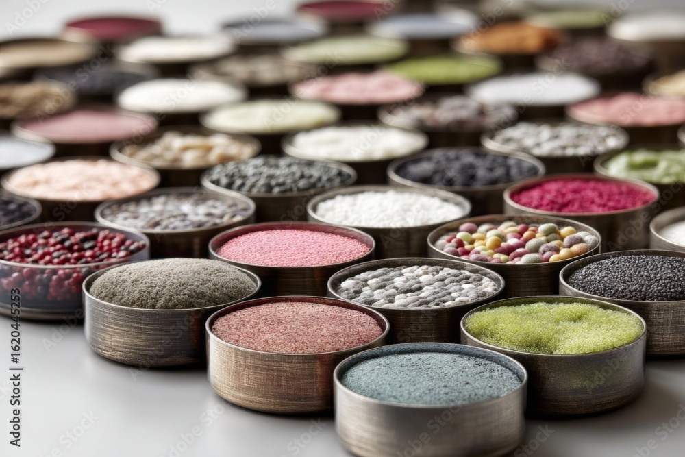 Poster colorful spices and powders displayed in small containers for culinary use in a bright kitchen setti